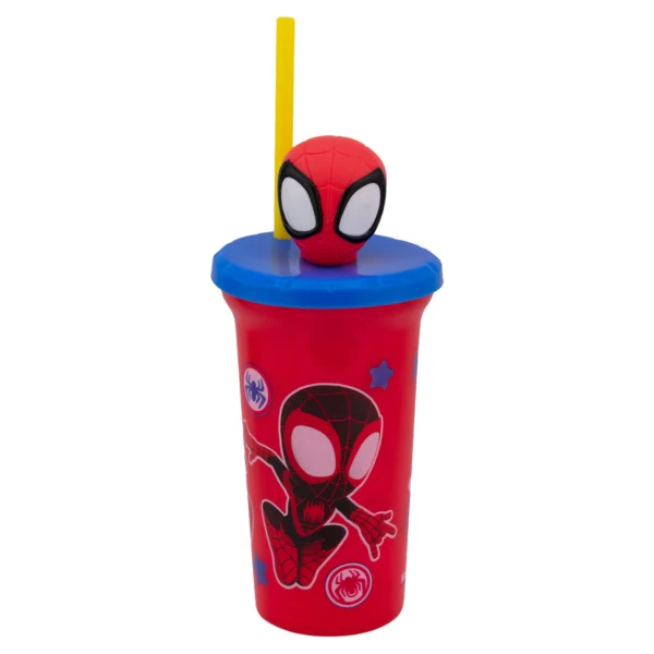 Vaso de Plástico con Tapa 3D y Popote Spiderman 443ml