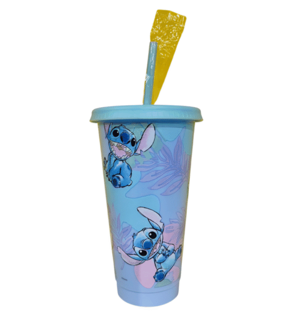 Vaso con Popote y Tapa Stitch de Plástico