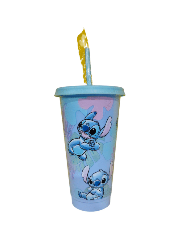 Vaso con Popote y Tapa Stitch de Plástico