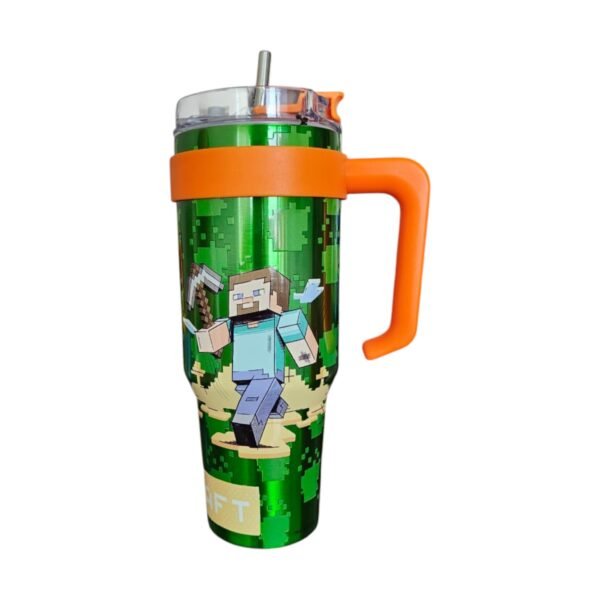 Termo Alto Doble Pared Acero Inoxidable Con Boquilla Y Popote 1.2 L. Minecraft con Acabado Metalizado